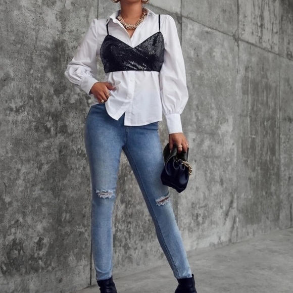 SHEIN exposed zipper back crop sequin cami top NEW - Picture 4 of 7